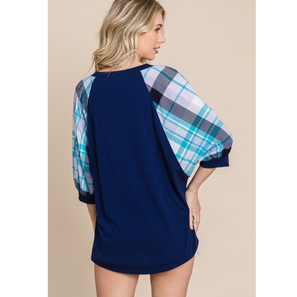 🌻 Emerald Navy Top with Plaid Teal and Light Blue Puff Sleeves - Picture 3 of 9